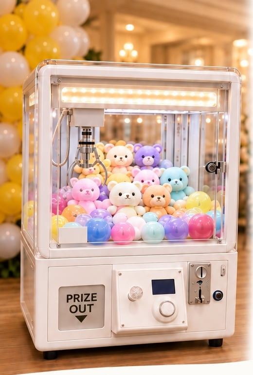 A white claw machine filled with pastel teddy bears and prize balls, surrounded by balloons
